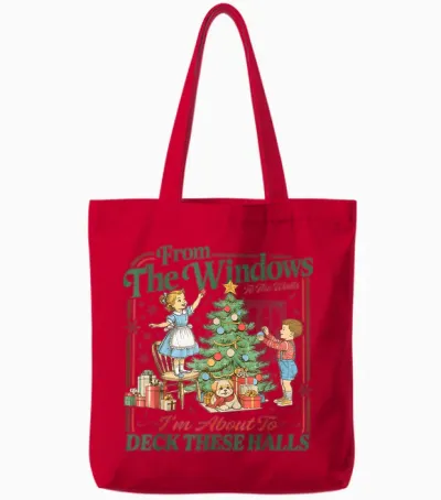 From the Windows to Walls I'm About Deck These Halls Xmas Tote Bags - Red