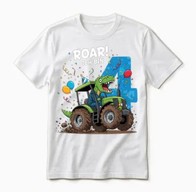 Kinder Dinosaurier Traktor Kinder Geburtstag 4 Jahre Junge Unisex T-Shirt - White