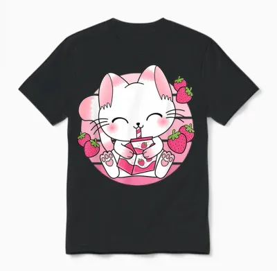 Süße Japanische Anime Kawaii Erdbeermilch Katze Manga Otaku Unisex T-Shirt - Black