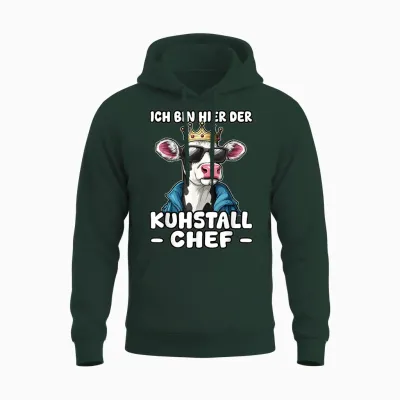 T-Shirt with German Text "kuhstall Chef | Leadership Farmers Dairy Farmers, Black, S Unisex Hoodie - Forest