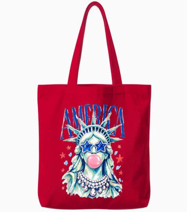 Brushstroke Statue of Liberty Blowing Bubble Gum 4th of July Tote Bags in Red
