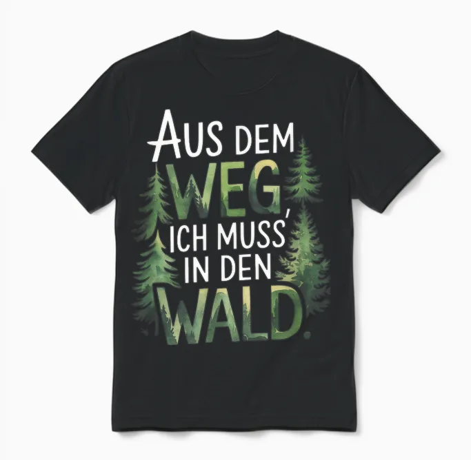 T-Shirt with German Text "aus Dem Weg, Ich Muss' in Den Wald. - Forest Deer Design Unisex T-Shirt in Black