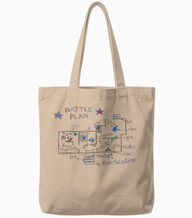 Home Alone Christmas Kevin's Battle Plan Drawing T-Shirt, Black, S Tote Bags in Natural
