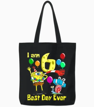 Mademark X Spongebob Squarepants - Spongebob I Am 6 Years Old Birthday Party Tote Bags - Black