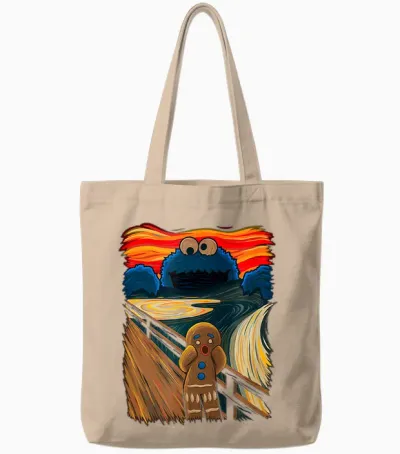 Cookie Muncher the Scream Munch Monster Joke T-Shirt, Black Tote Bags - Natural