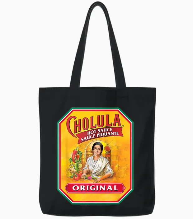 Cholula Hot Sauce Bottle Lable Casual Costume Foodies Tote Bags in Black