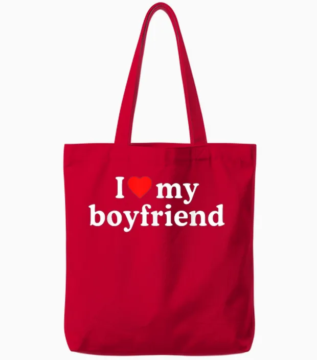 I Love My Bf Boyfriend Β· I Heart My Bf Valentine's Day Tote Bags in Red