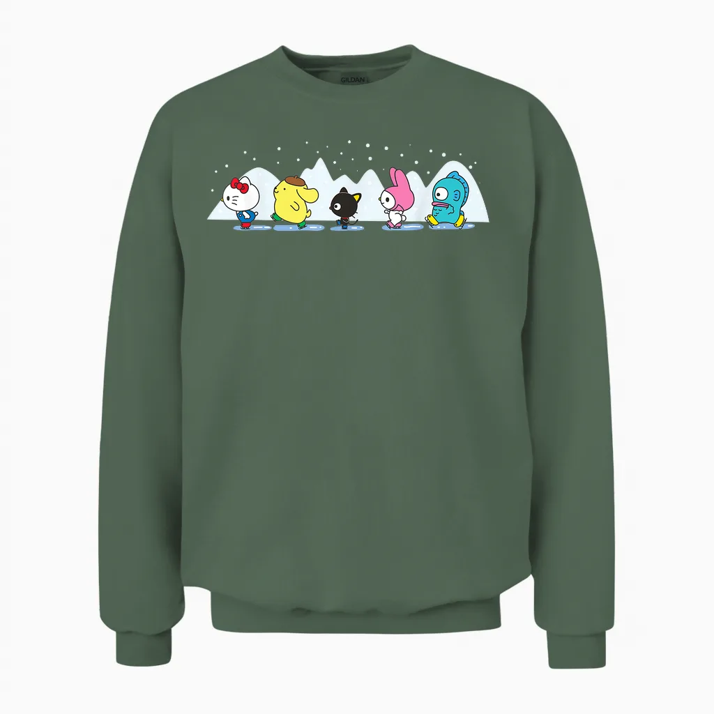 Sanrio Characters Holiday Ice Skating Unisex Sweatshirt in Military Green