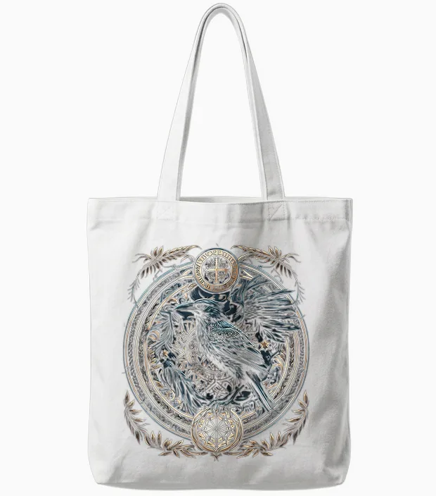 Odins Raven Viking Valhalla Viking Mythology T-Shirt, Black Tote Bags in White