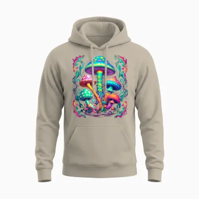 Colourful Psychedelic Mushrooms | Colour & Hippie T-Shirt, Black Unisex Hoodie - Sand