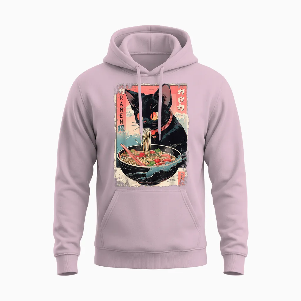 Cat Ramen Noodle Japanese Anime Manga Ramen Kawaii Cat T-Shirt, Black Unisex Hoodie in Light Pink