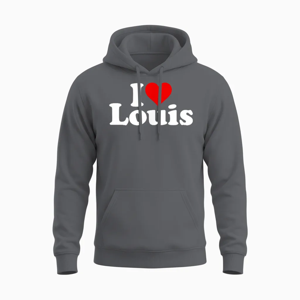 I Love Heart Louis Name on a T-Shirt T-Shirt, Black Unisex Hoodie in Charcoal