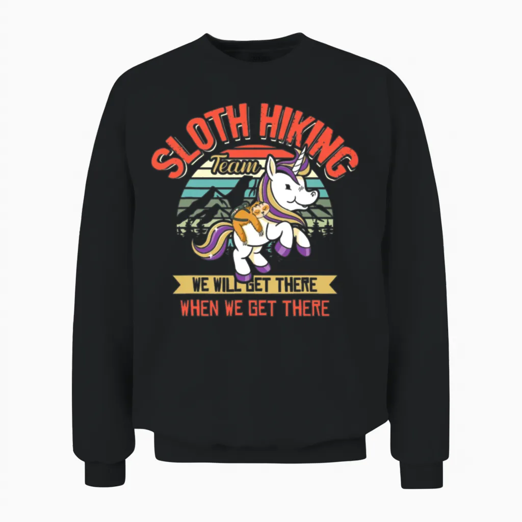 Sloth Hiking Team Sloth Riding Unicorn Hiking Unisex Sweatshirt in Black