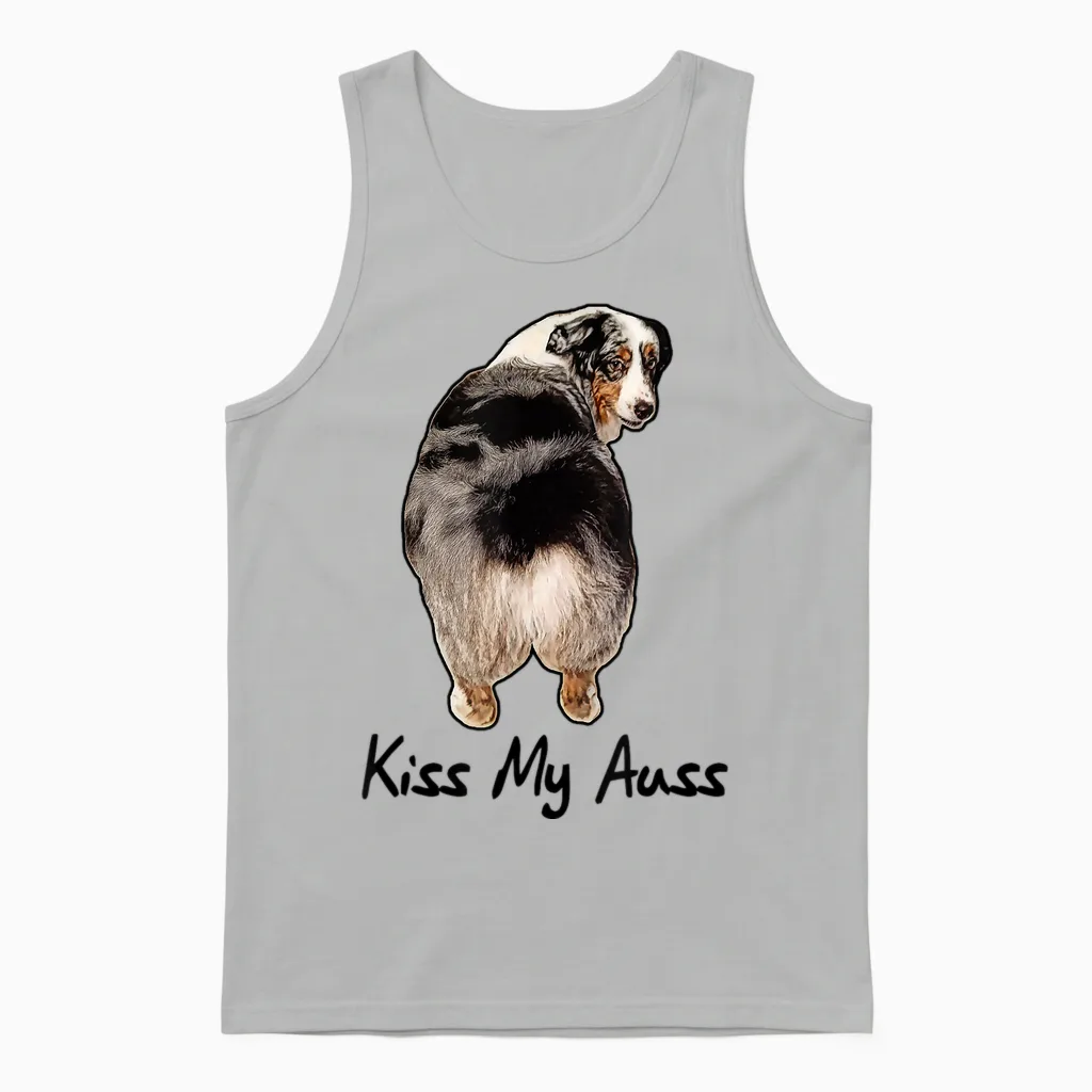 Funny Miniature Australian Shepherd Kiss My Auss Mini Aussie Unisex Tank Top in Ash