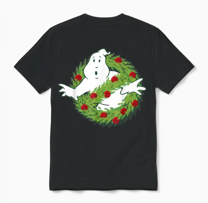 Ghostbusters Classic Logo Christmas Wreath Graphic Unisex T-Shirt in Black