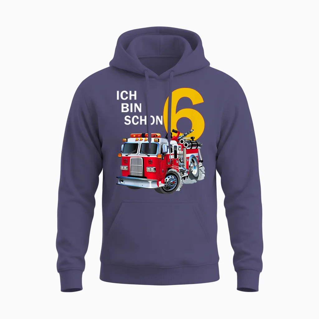 Children's 6th Birthday Boy Gift Idea Outfit Ich Bin Schon 6 T-Shirt, Black Unisex Hoodie in Heather Sport Dark Navy