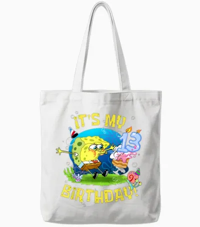 Spongebob It's My 13th Birthday Cake Kids Thirteen Spongebob Tote Bags - White