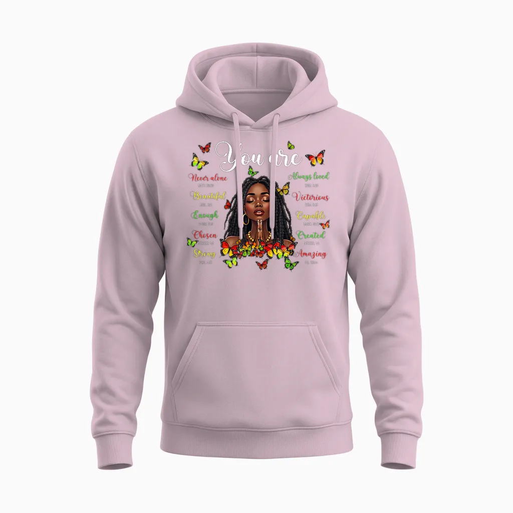Black History Loc'd Afro Girl You Are Bible Verse Christian Unisex Hoodie in Light Pink