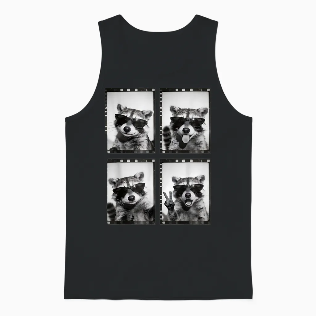 Lustiger Waschbär Photobooth Retro Film Strip Sonnenbrille Meme Unisex Tank Top in Black