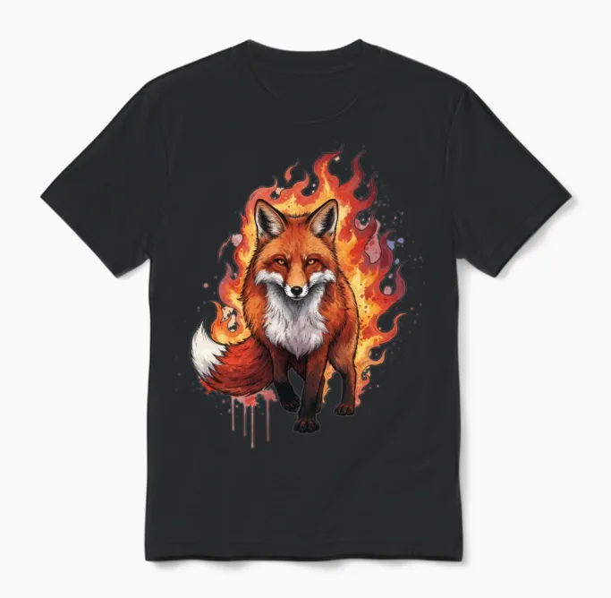 Flame Fox Illustration Wildlife Unisex T-Shirt in Black