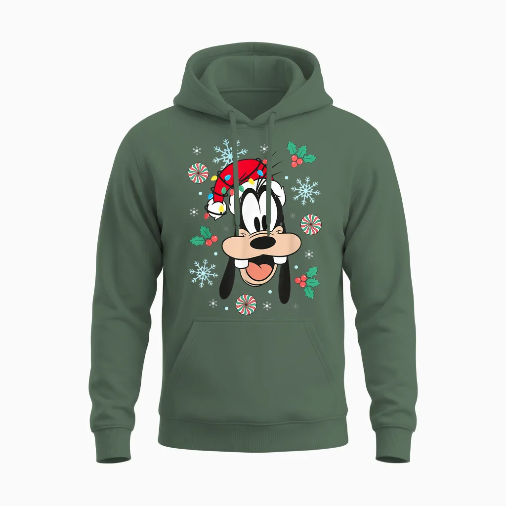 Disney Mickey and Friends Christmas Goofy Big Face Portrait Unisex Hoodie in Military Green