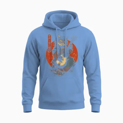 Japanese Samurai Cat Playing Electric Guitar T-Shirt, Black, S Unisex Hoodie - Carolina Blue