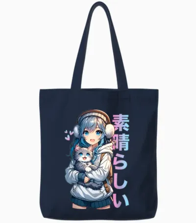 Cute Anime Girl with Cat for Cat Lover Kawaii Otaku Manga T-Shirt, Black Tote Bags - Navy