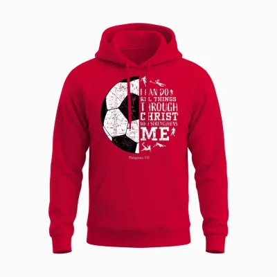 Christian Soccer Faith Graphic Bible Verse Philippians 4:13 Unisex Hoodie - Red