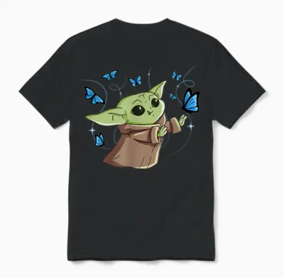 Star Wars the Mandalorian the Child with Blue Butterflies T-Shirt, Black Unisex T-Shirt - Black