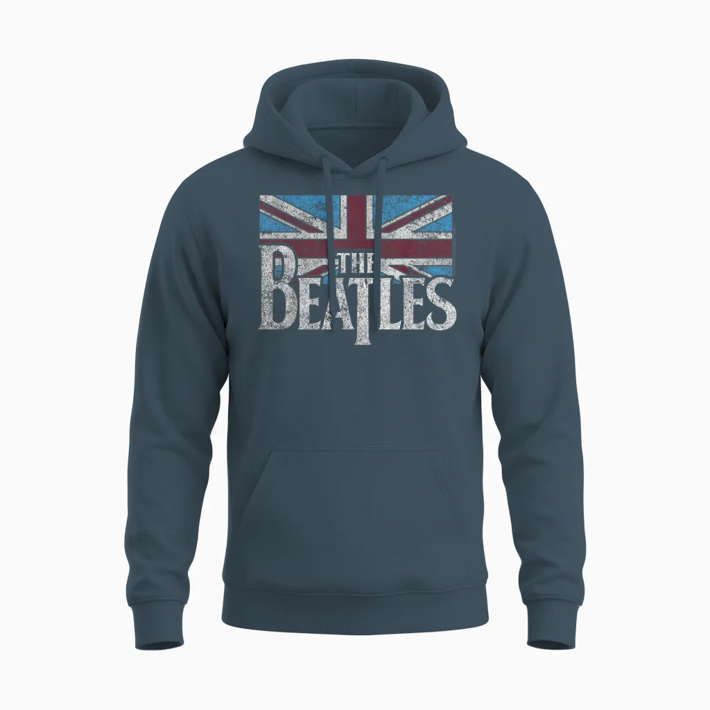 The Beatles British Flag Red, White, and Blue Short Sleeve Unisex Hoodie in Dark Heather