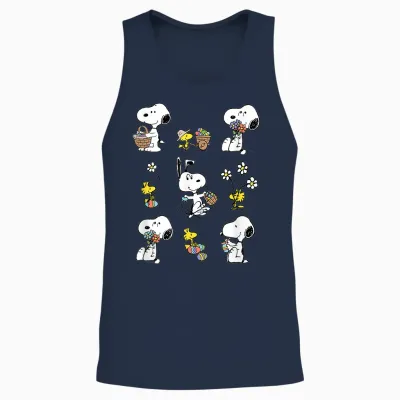 Peanuts Snoopy Woodstock Easter Spring Pattern T-Shirt, Gray Unisex Tank Top - Navy