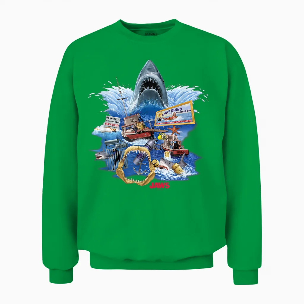 Jaws Poster Collage T-Shirt, Small, Black Unisex Sweatshirt in Irish Green