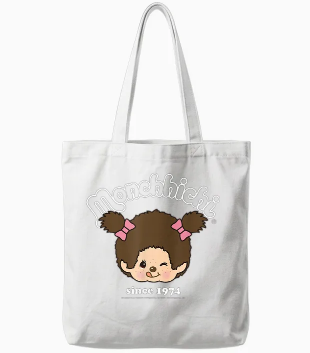 Monchhichi Since 1974 Happy Little Fluffy Girl Tote Bags in White