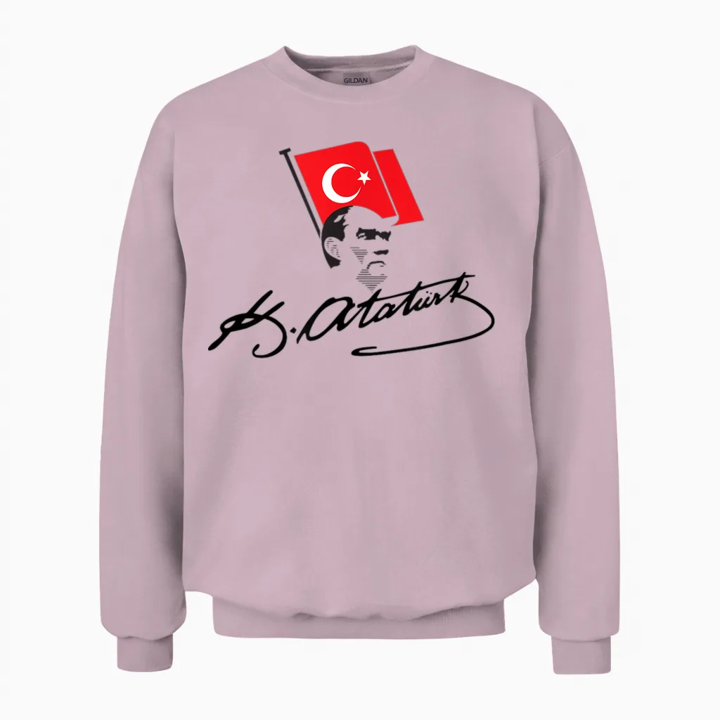Atatürk Logo, Mustafa Kemal Atatürk Signature Imza, Türkiye Unisex Sweatshirt in Light Pink