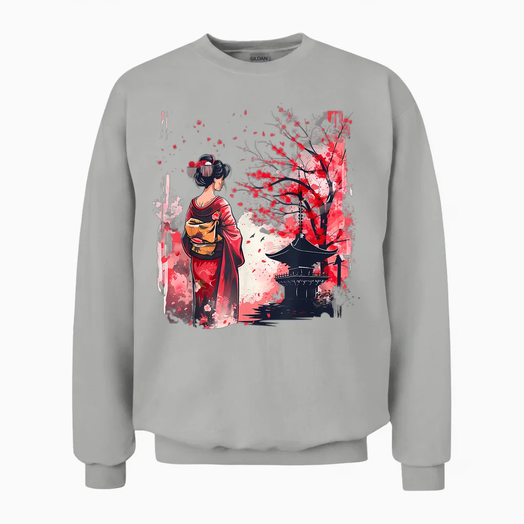 Japanese Geisha Sakura Cherry Blossom Pagoda Geisha Girl T-Shirt, Black, S Unisex Sweatshirt in Ash