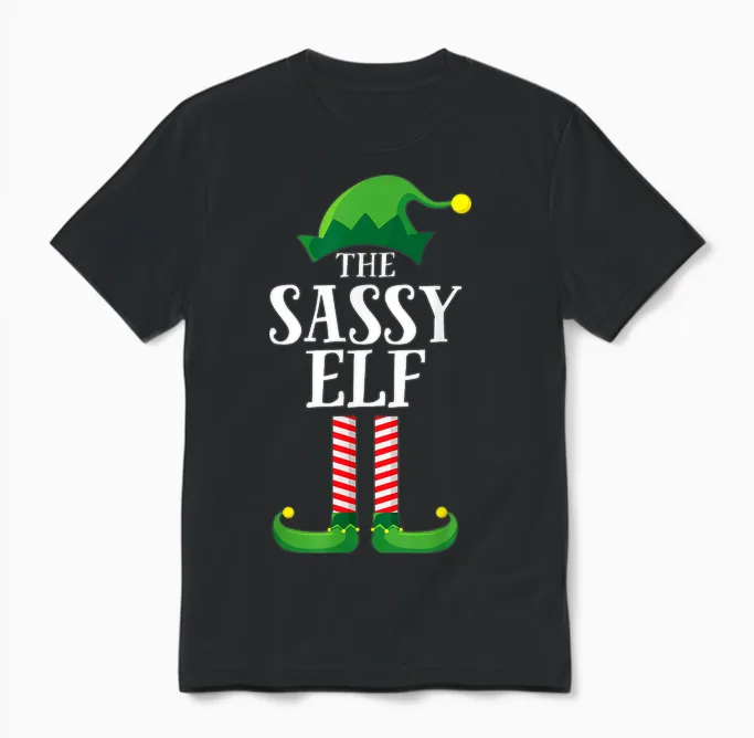Sassy Elf Matching Family Group Christmas Party Pyjamas Unisex T-Shirt in Black