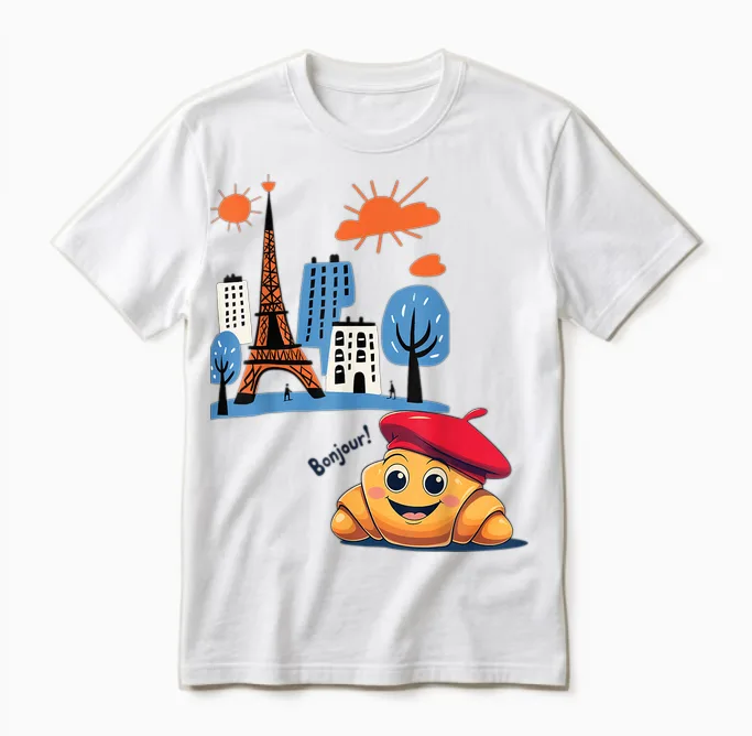 Paris France Crescent with Beret Hello in French Tower Unisex T-Shirt in White