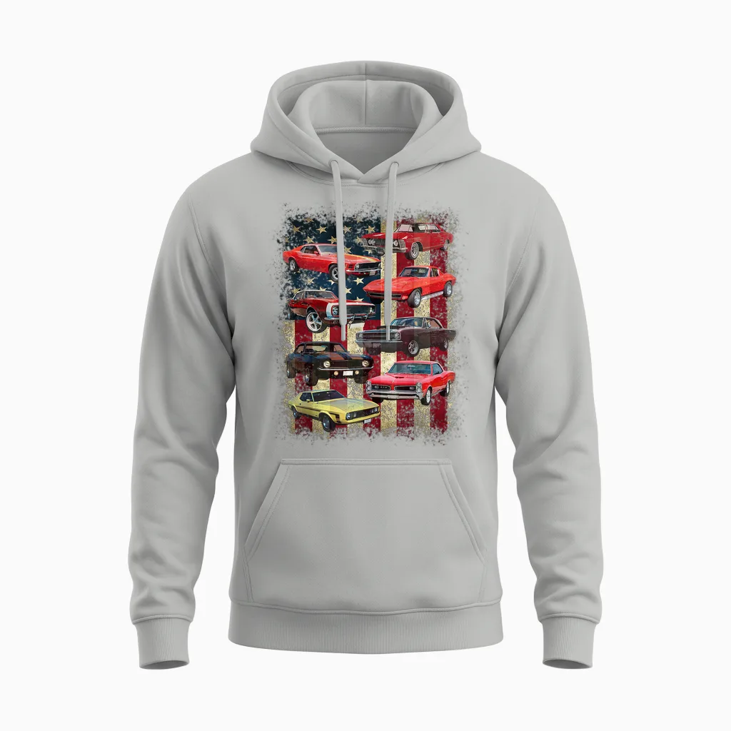 Vintage Classic Muscle Car Retro American Flag Patriotic Unisex Hoodie in Ash