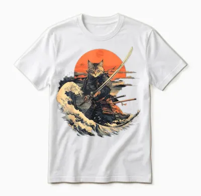 Samurai Cat Graphic Tee Warrior Vintage Japanese Art Anime T-Shirt for Men Women Girls Kids Unisex T-Shirt - White