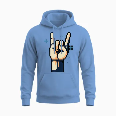 Pixel Rock Horn Hands - 8-Bit Retro Metal Gesture Unisex Hoodie - Carolina Blue