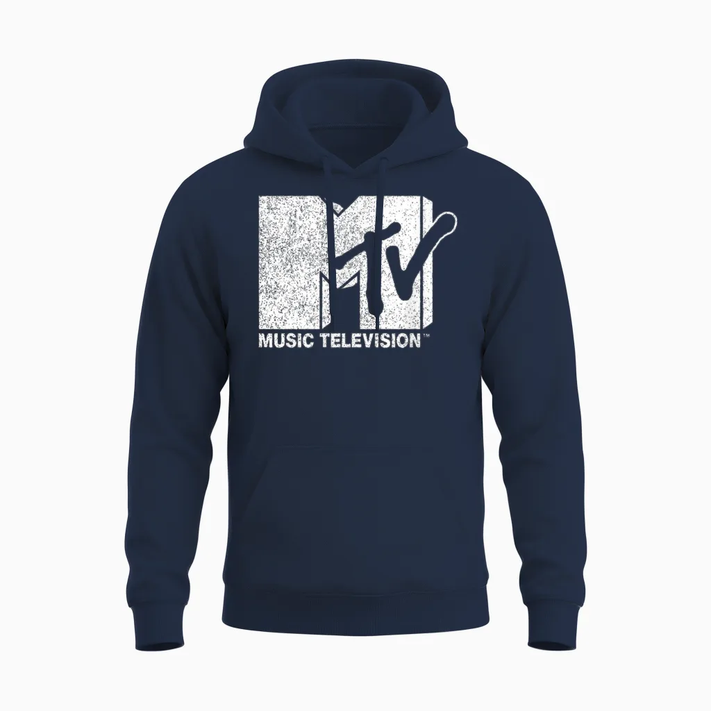 Mtv Classic Distressed Logo T-Shirt, Black Unisex Hoodie in Navy