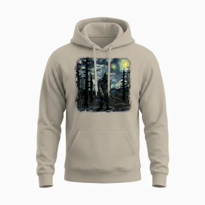 Bigfoot Starry Night Sasquatch Van Gogh Sky Painting Art Unisex Hoodie - Sand