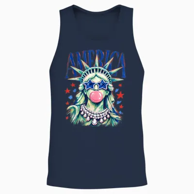 Brushstroke Statue of Liberty Blowing Bubble Gum 4th of July Unisex Tank Top - Navy
