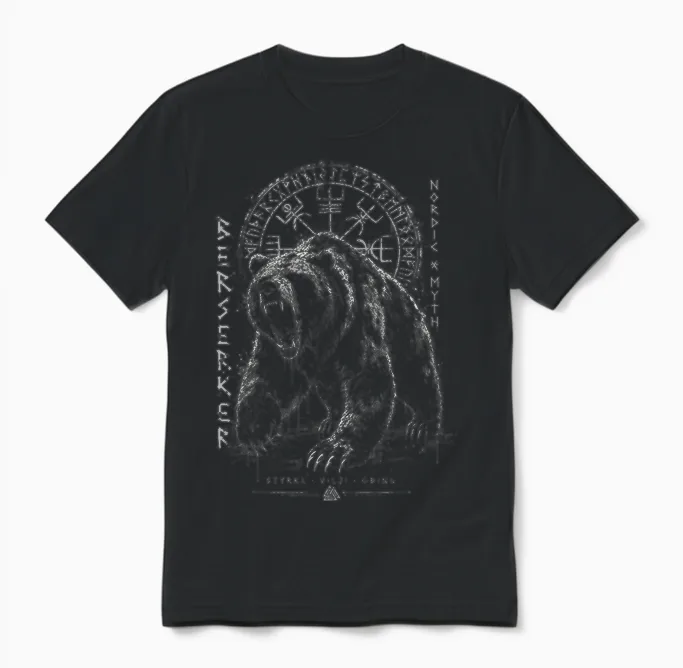 Berserker Ours Guerrier Odin Runes Boussole Nordique Viking Unisex T-Shirt in Black
