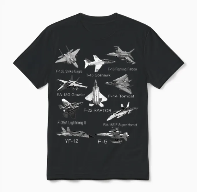 American Fighters Jets F22 Raptor F14 Tomcat Plane Spotting T-Shirt Small Unisex T-Shirt in Black