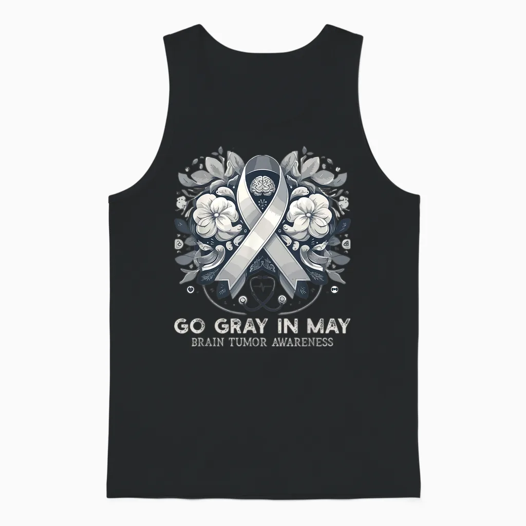 Go Gray in May Brain Cancer & Tumor Awareness Ribbon Grey T-Shirt, Black, S Unisex Tank Top in Black