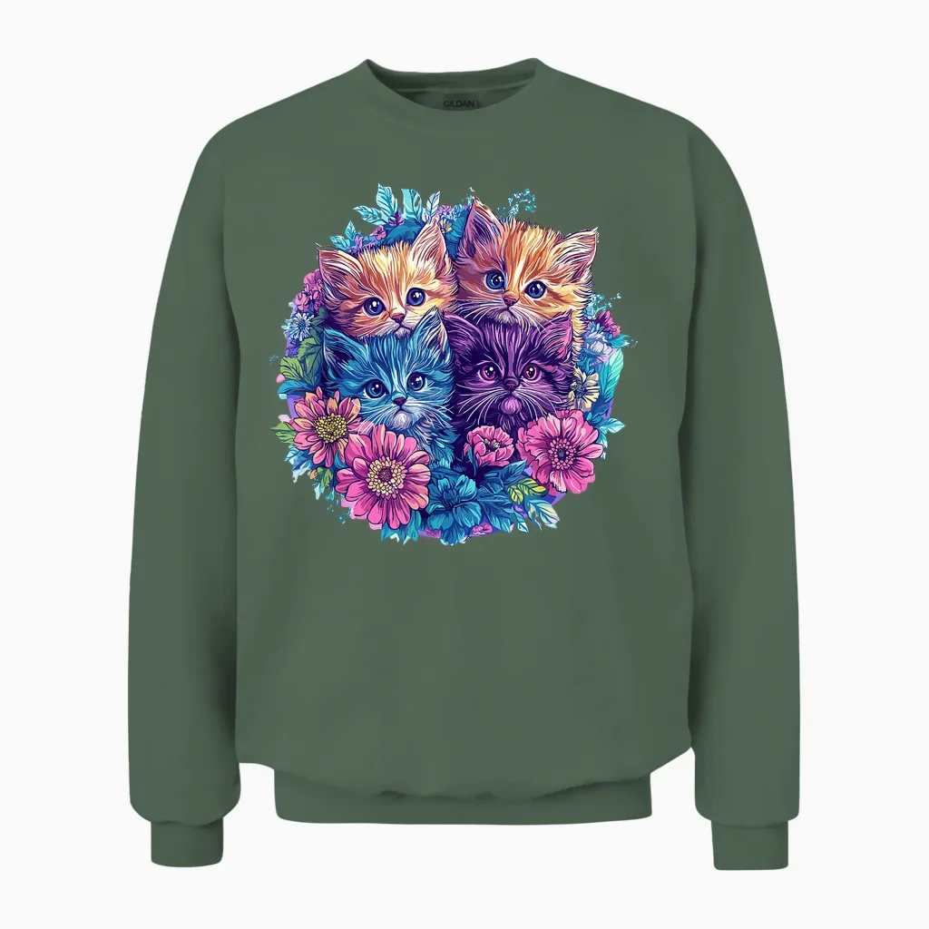 Chats Mignons Entourés De Fleurs Vibrantes Unisex Sweatshirt in Military Green
