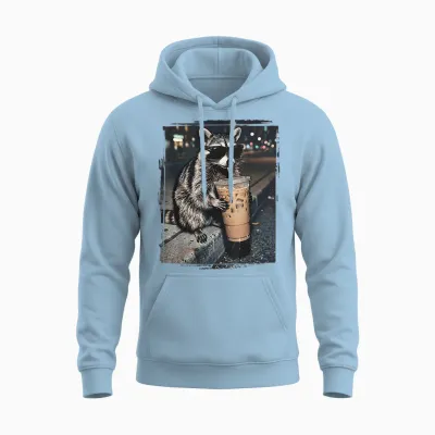 Raccoon Drinking Iced Coffee Funny Animal Meme Men Women Unisex Hoodie - Light Blue