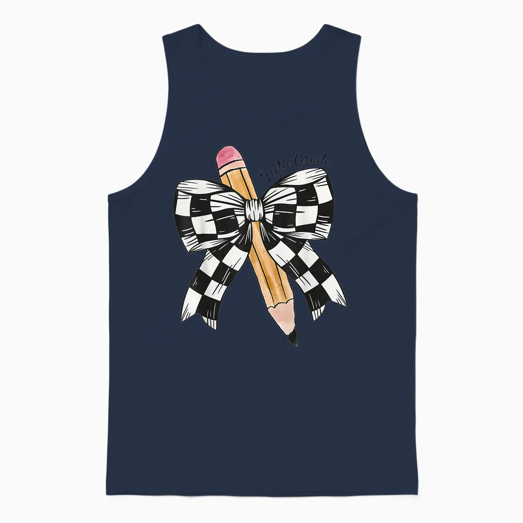Back to School Hello Fifth Grade Teacher Coquette Pencil Bow Unisex Tank Top in Navy