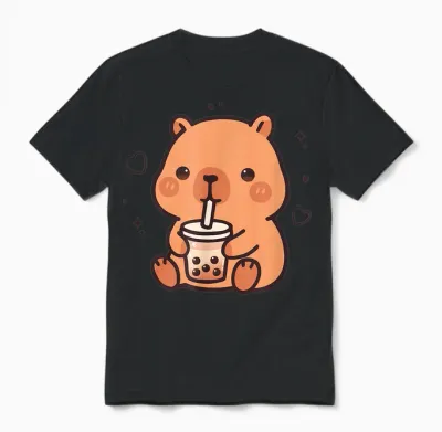 Kawaii Capybara Boba Bubble Tea Cute Anime Girls Boys Teens Unisex T-Shirt - Black